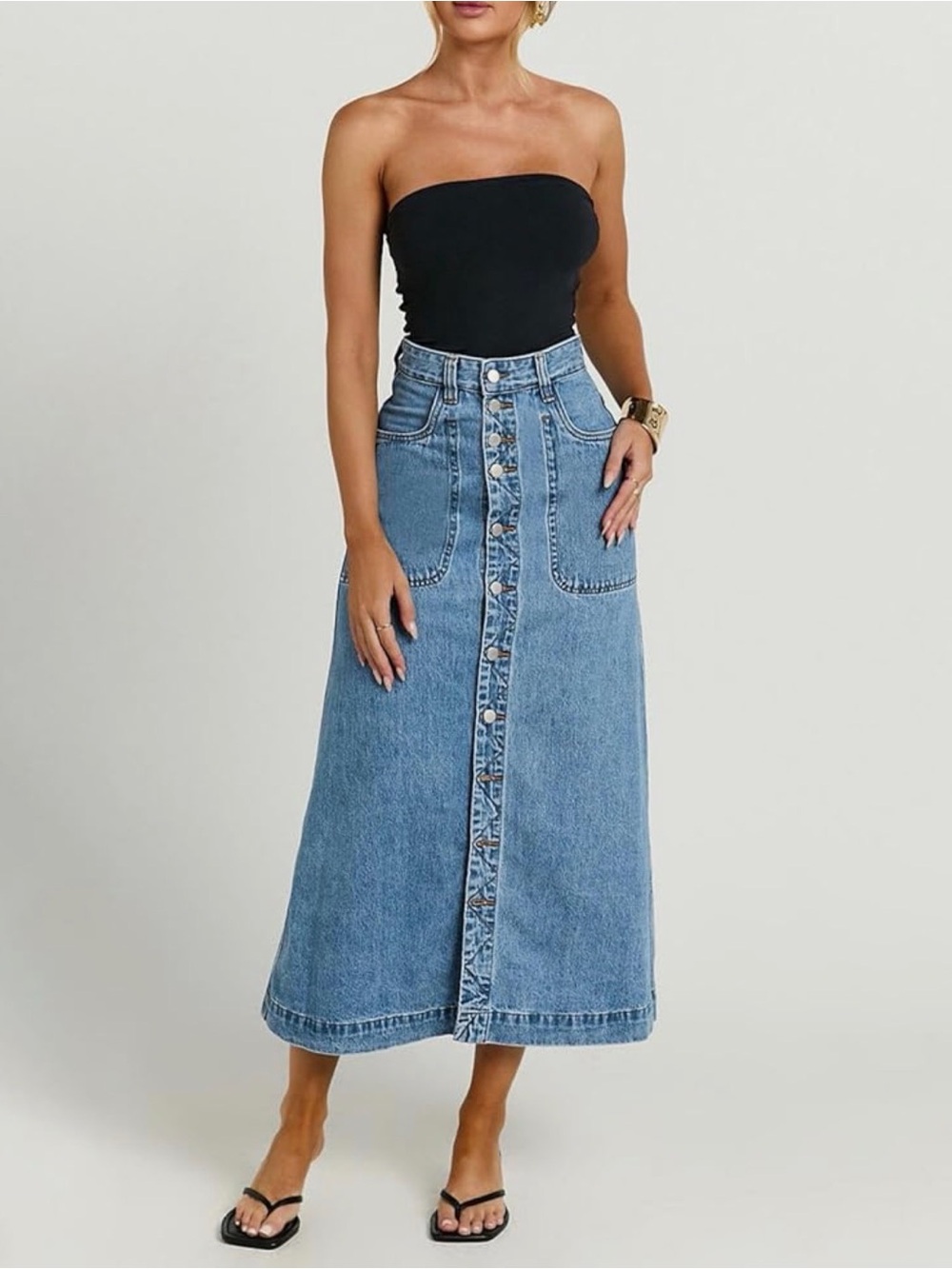 yoeasy Womens Denim Skirt Button Down A-Line Midi Long Jean Skirt with Pockets S